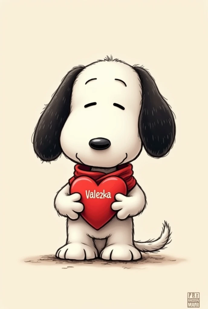 Draw a Snoopy with a heart in His banda AND inside the heart it has to say "valezka"