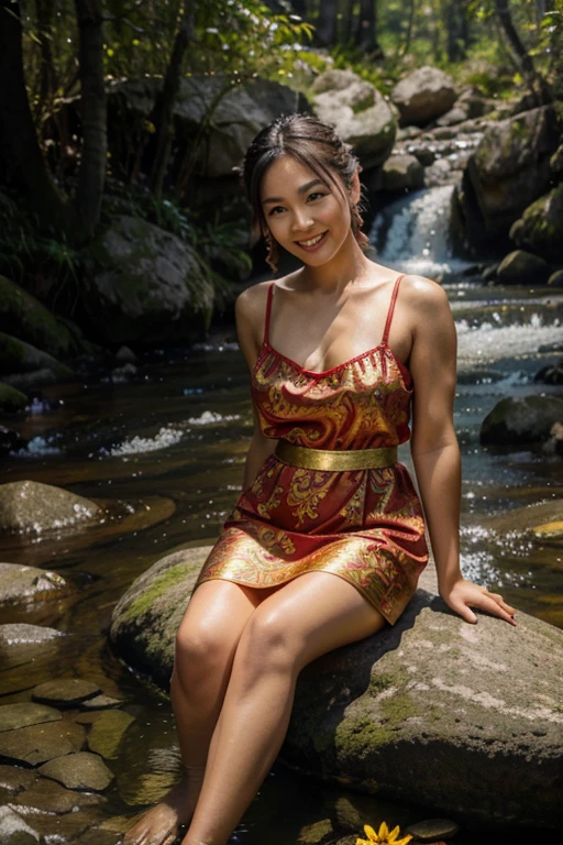 Beautiful Thai woman with beautiful smile, braided hair, short hair to her shoulders, wearing dragon slippers, sitting on a rock by the stream, wearing a bright red Thai dress with gold dragon pattern, embossed colors, fantasy colors, glittering, shiny colors, intricate mountain background, stream, trees with flowers, colorful, 3D oil painting, hyper detail, ?? k, high resolution, cinematic lighting, hd, 1080, sharp image,...