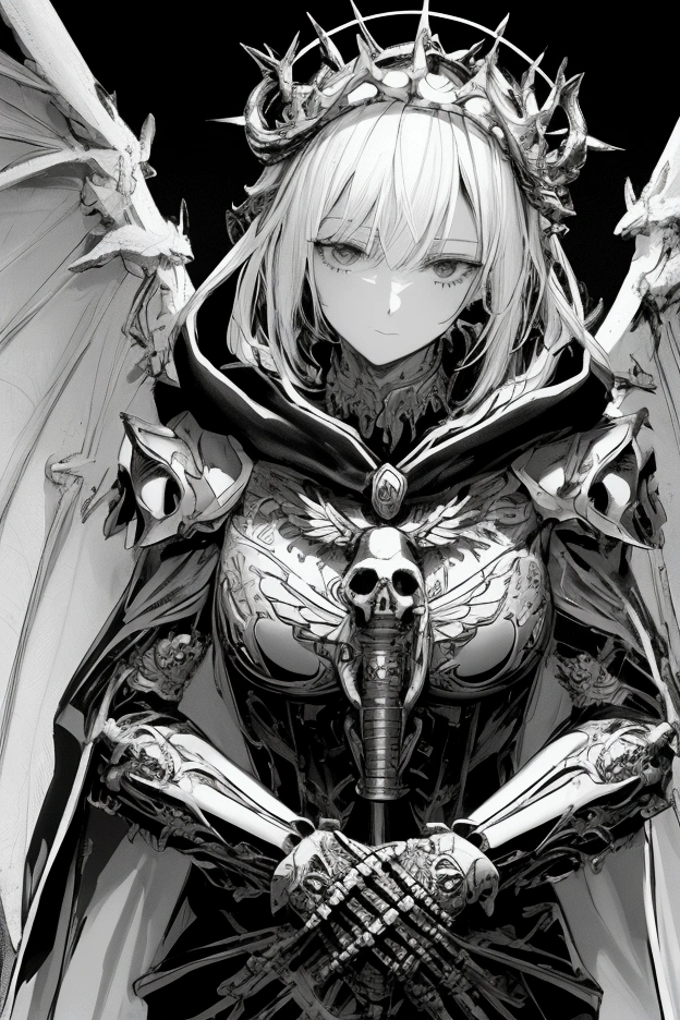Realistic, 4K, Angel + Skeleton King with intricate details, Detailed information items and skill images are displayed with dynamic effects + With big wings, sword, Hood on head with war background image (chaos)