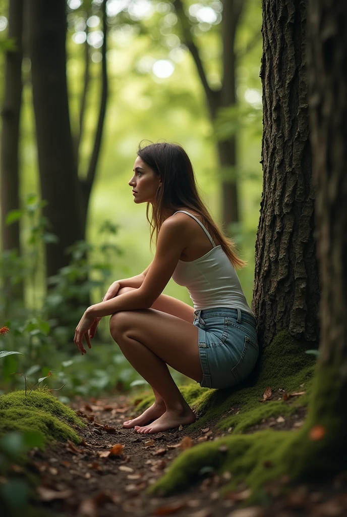 (photorealism:1.2), White woman, squatting to pee in forest, facing tree tunk