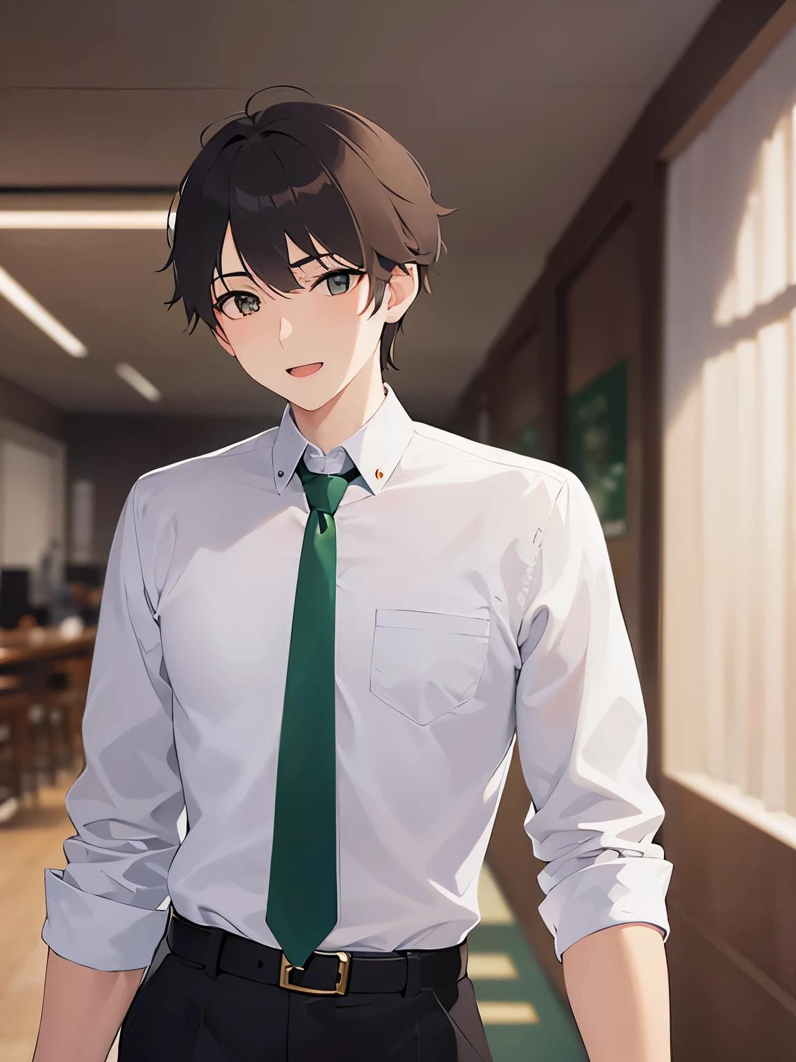 (looking away:1.5)Upper Body, Shooting from behind、 shiny skin, masterpiece、Highest quality、 (2 male:1.5) and (Brown short hair) and (Green Eyes), BREAK (white collared shirt) and (Green tie)、 smile,open mouth,Background in the office、(alone:1.5)