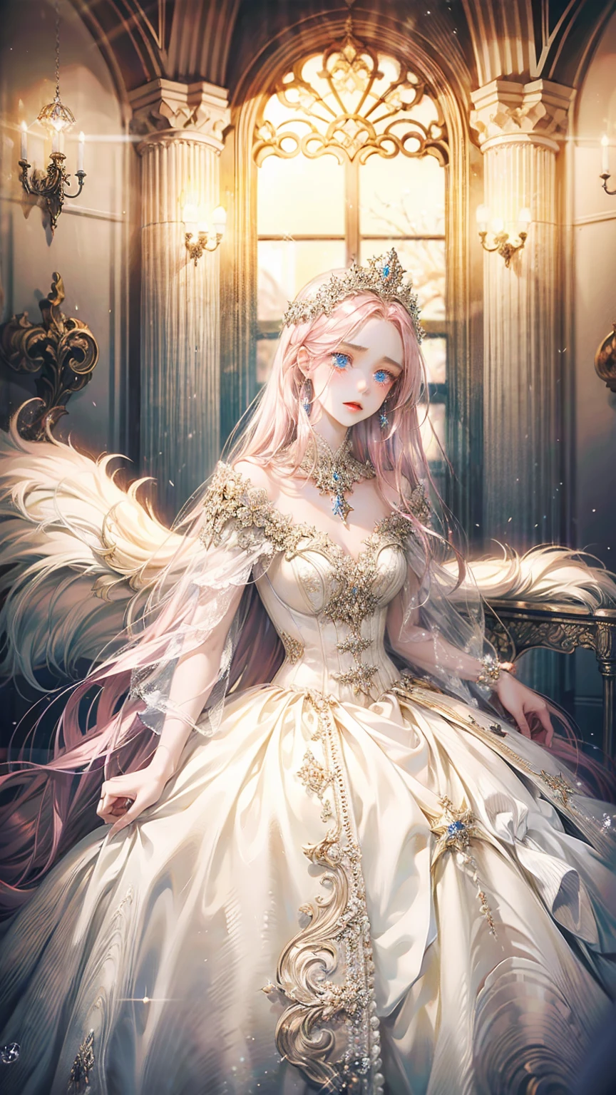 ((best quality)), ((ultra high definition)), ((masterpiece)), ((Romance Fantasy)), ((illustration)), (detailed), (clear), (Perfect), 1 woman, mature, beautiful, pure, sad expression, long pink hair with bangs, white skin, Sapphire blue eyes, Deep double eyelids, abundant eyelashes, Shedding tears, pretty lips, big bust, small waist, White dress with lace, Fallen on the floor, With both hands on the desk, marble floor, full body shot