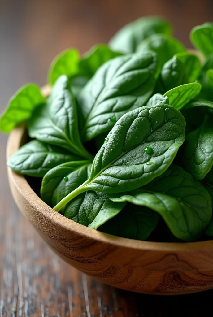 Une poignée d'épinards frais et verts, placed in a natural wooden bowl. Les feuilles doivent être d'un vert profond et vif, avec une texture légèrement froissée. Utilisez une lumière douce qui met en valeur la richesse des couleurs et un fond neutre pour que les épinards soient le centre de l'attention. Avec des gouttes d'eau pour montrer la fraîcheur