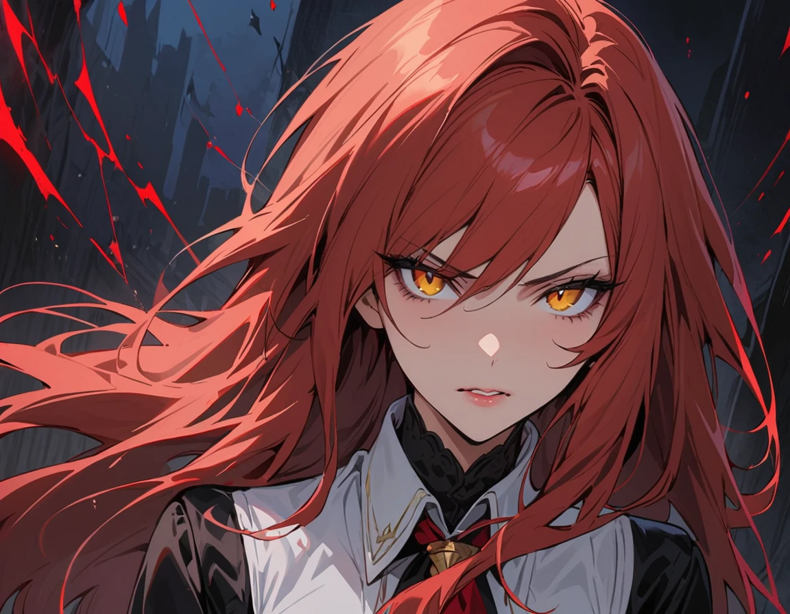 Long red hair, yellow eyes, evil, sexy, black and red clothes, tied hair, cute hairstyle, evil face, evil, serious look, gloss lips, sit, sinister, front look, bloody, gloves, close up, portrait, beautiful eyes, short dress, big white, dark place, night, sensual, straigh hair cut, clear skin, evil, young 30 years girl, adult girl, solo, red, very long hair, HAIR DOWN, ANKLE LENGTH HAIR, FIERCE EXPRESSION, villain, handsome older WOMAN，crimson-eyes，crimson pupils，Long CRIMSONhair，Hyperresolution，accuracy，Detailed rendering，（Subtle facial image）（Image of fine hair）（topquality）（Masterpieces of masters）（High degree of completeness）（A sense of atmosphere）tmasterpiece，Super detailed and super detailed（portrait))(((Mature woman))) (((Villain))) (((Older female)))