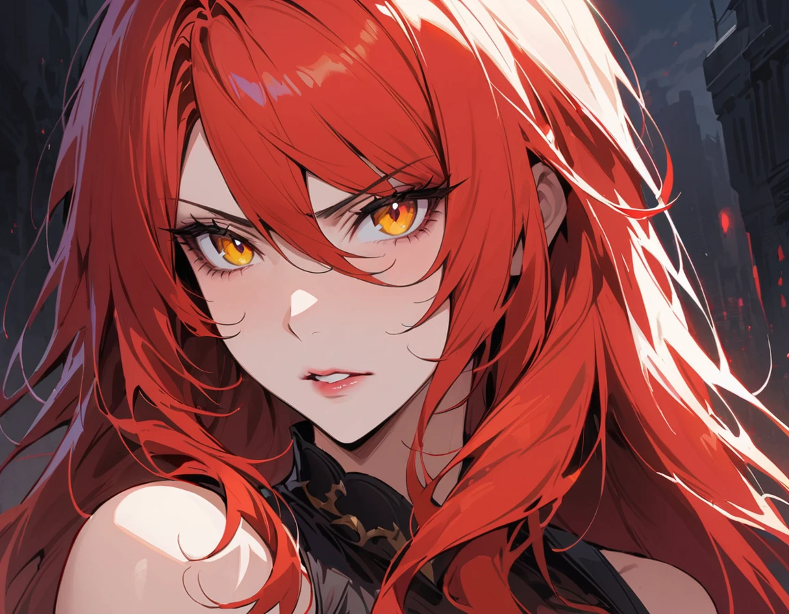 Long red hair, yellow eyes, evil, sexy, black and red clothes, tied hair, cute hairstyle, evil face, evil, serious look, gloss lips, sit, sinister, front look, bloody, gloves, close up, portrait, beautiful eyes, short dress, big white, dark place, night, sensual, straigh hair cut, clear skin, evil, young 30 years girl, adult girl, solo, red, very long hair, HAIR DOWN, ANKLE LENGTH HAIR, FIERCE EXPRESSION, villain, handsome older WOMAN，crimson-eyes，crimson pupils，Long CRIMSONhair，Hyperresolution，accuracy，Detailed rendering，（Subtle facial image）（Image of fine hair）（topquality）（Masterpieces of masters）（High degree of completeness）（A sense of atmosphere）tmasterpiece，Super detailed and super detailed（portrait))(((Mature woman))) (((Villain))) (((Older female)))