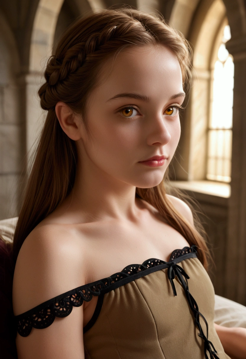 (absurdists, intricate details, head of'artwork, best quality, high resolution, 8k), 1 female, mince, young, aged up, cloaked, finely detailed eyes and face, cheveux auburn peu décolorés, amber eyes, portrait, regarder le spectateur, bare, demi-coup, detailed context, (light fantasy theme:1.1), Mise au point, Mercenaire, sunbathing, floating remains, armure de plaques de couleur, aura divine, realistic and bright lighting, Marble castle, ambiance intense, cercle, blason, Brazier, , depth of field, visual effects.