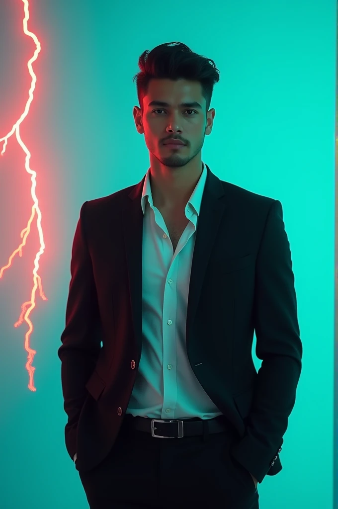 A young Man With Dark hair and a confident smile He is Dressed in a black blazer over a white shirt The man is positioned against aqua colour backdrop with a subtle red lightning on the left side and