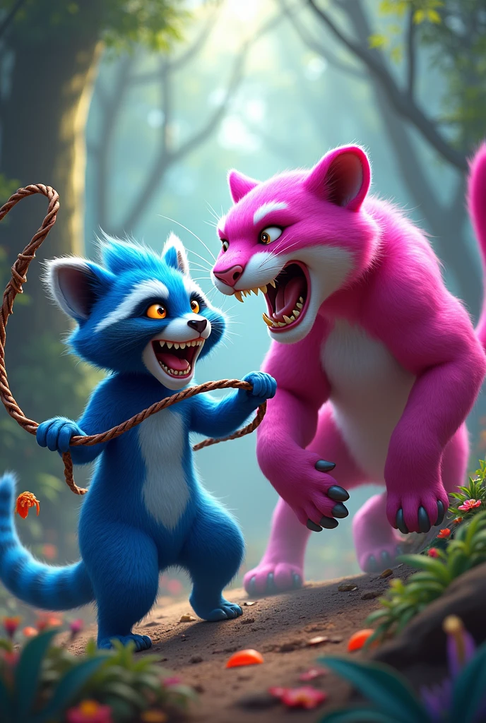 A very happy raccoon with blue fur with a whip in his hand beating a panther with pink fur