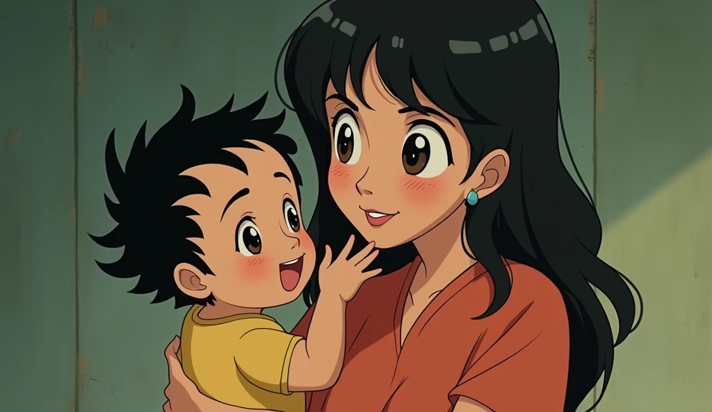 a young woman holding her baby,studio ghibli art style,studio ghibli art style,studio ghibli art style,studio ghibli art style