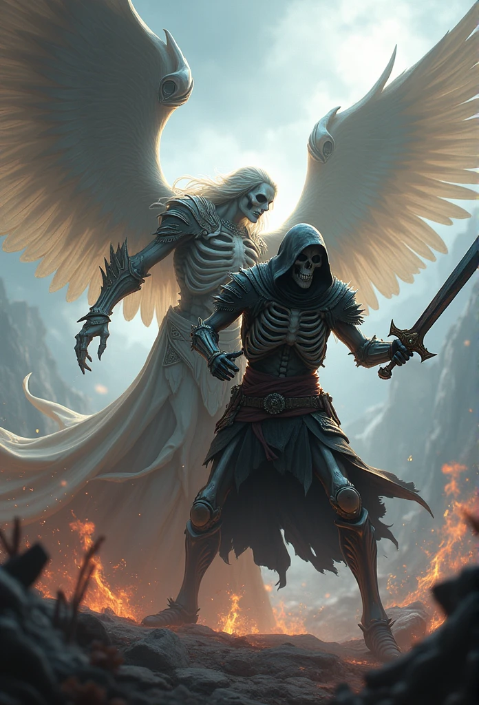 Realistic, 4K, Angel + Skeleton King with intricate details, Detailed information items and skill images are displayed with dynamic effects + With big wings, sword, Hood on head with war background image (chaos)
