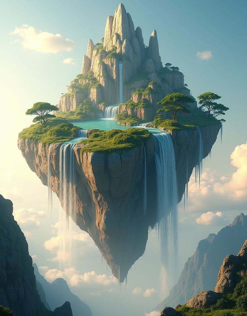 Create a flying mountain image with different geological rock materials, waterfalls, trees, and grass.,Floating in the sky,medium sized, There is a waterfall, stillness, peace, (best quality,4K,8ก,height,Masterpiece:1.2),Very detailed,(realistic,photorealistic,photo-realistic:1.37),Stunning mountain landscapes,Serene atmosphere,Warm golden light,Amazing sky with clouds, ,Amazing sky with clouds, ,Beautiful scenery, There is no mountain in front,There are no mountains in the background., and white background