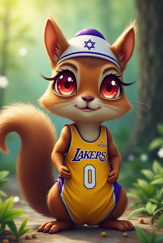 Écureuil avec une kippa et un maillot des lakers et les yeux rouges defoncés par la weed