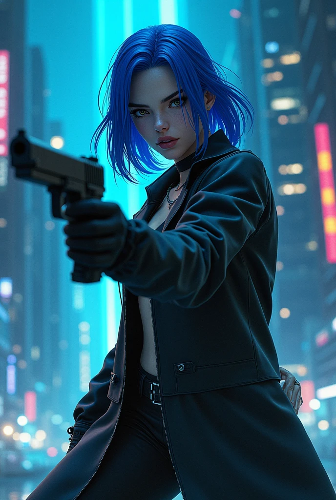 CYBERPUNK,EDGERUNNERS,blue hair, woman holding a gun in a city with a skyscraper in the background, trinity from the matrix, trinity the matrix, in the new matrix movie, dramatic wielding gun pose, neo from the matrix, from matrix(2023), from matrix ( 2023), matrix), matrix ), agents from the matrix movie, matrix movie color grading
