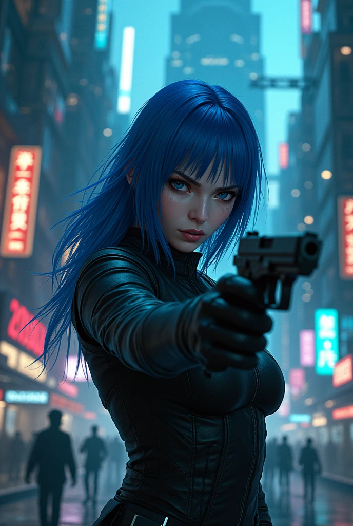 CYBERPUNK,EDGERUNNERS,blue hair, woman holding a gun in a city with a skyscraper in the background, trinity from the matrix, trinity the matrix, in the new matrix movie, dramatic wielding gun pose, neo from the matrix, from matrix(2023), from matrix ( 2023), matrix), matrix ), agents from the matrix movie, matrix movie color grading