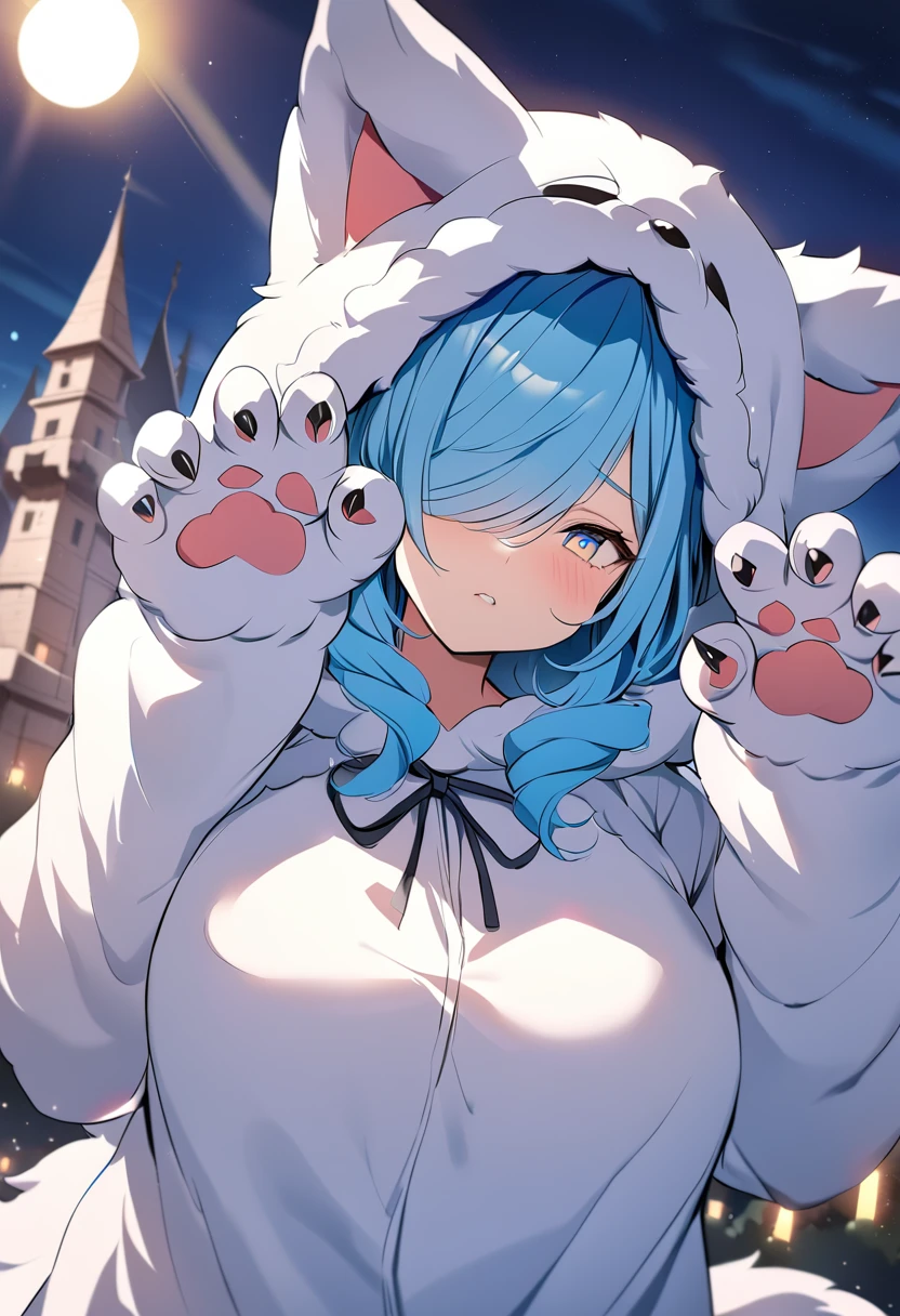((best quality, high-quality)), In anime style, ((Wolf Kemomimi Girl)), Solo, ((Big breasts)), ((Mizuiro Hair Berry Berry Short,Blue inner color)), (((Hair over one eye))), (((Yellow and Blue Odd-Eye:1.5))), plump shiny lips, Beautiful clear eyes, Spoken Heart,(((Fluffy, Big Hand Wolf Costume:1.5))), embarrassed, (dynamicposes:1.4), (((Show me your paws, Gao's Pose:1.5))), (Suspicious light, rays of moonlight:1.4), (Moon and castle background), (Blue Full Moon:1.2), Fantasy Worldwide, high-angle shot, masutepiece,Best Quality,ultra-detailliert, masterpiece,