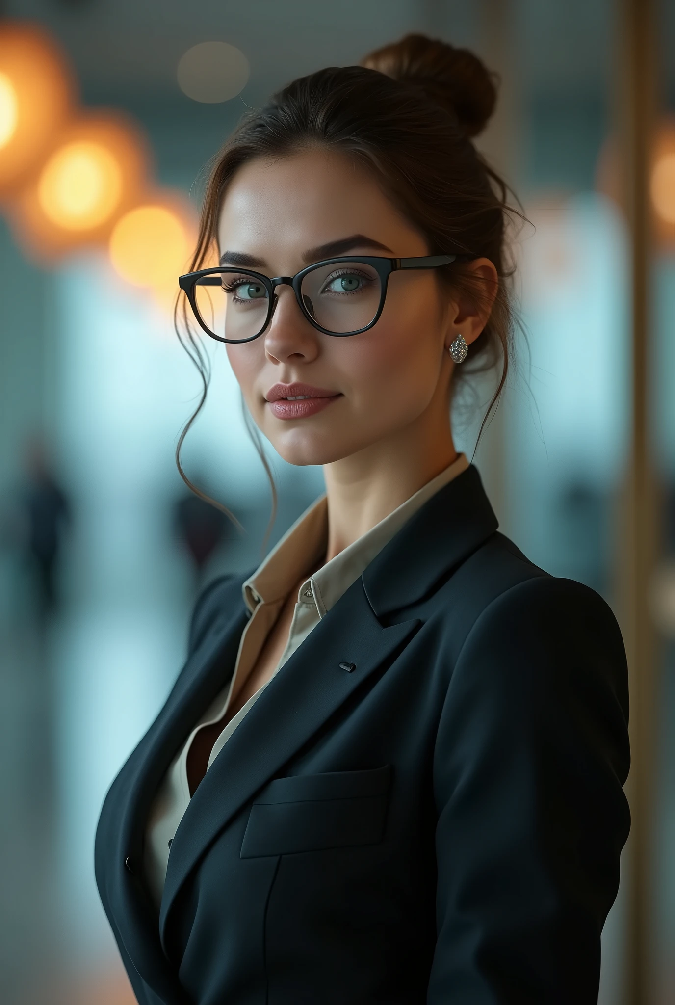 masterpiece, Highest quality, Highly detailed CG Unity 8k wallpaper, lawyer, woman, Glasses, Wearing a sharp suit, Hair tied up, Bokeh Photo, (Soft Focus):1.2, Out of focus highlights, Dreamy atmosphere, Glowing circle, Fascinating Depth, Cowboy Shot, court