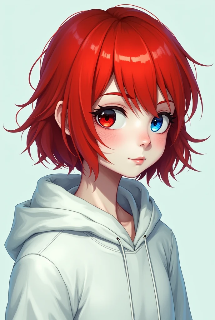 White hoodie red hair and blue eyes blue and red eyes karton
