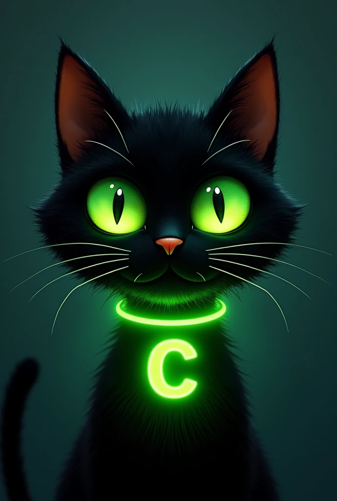 black cat face. with a neon green necklace that says "c" in Spanish, cheered up