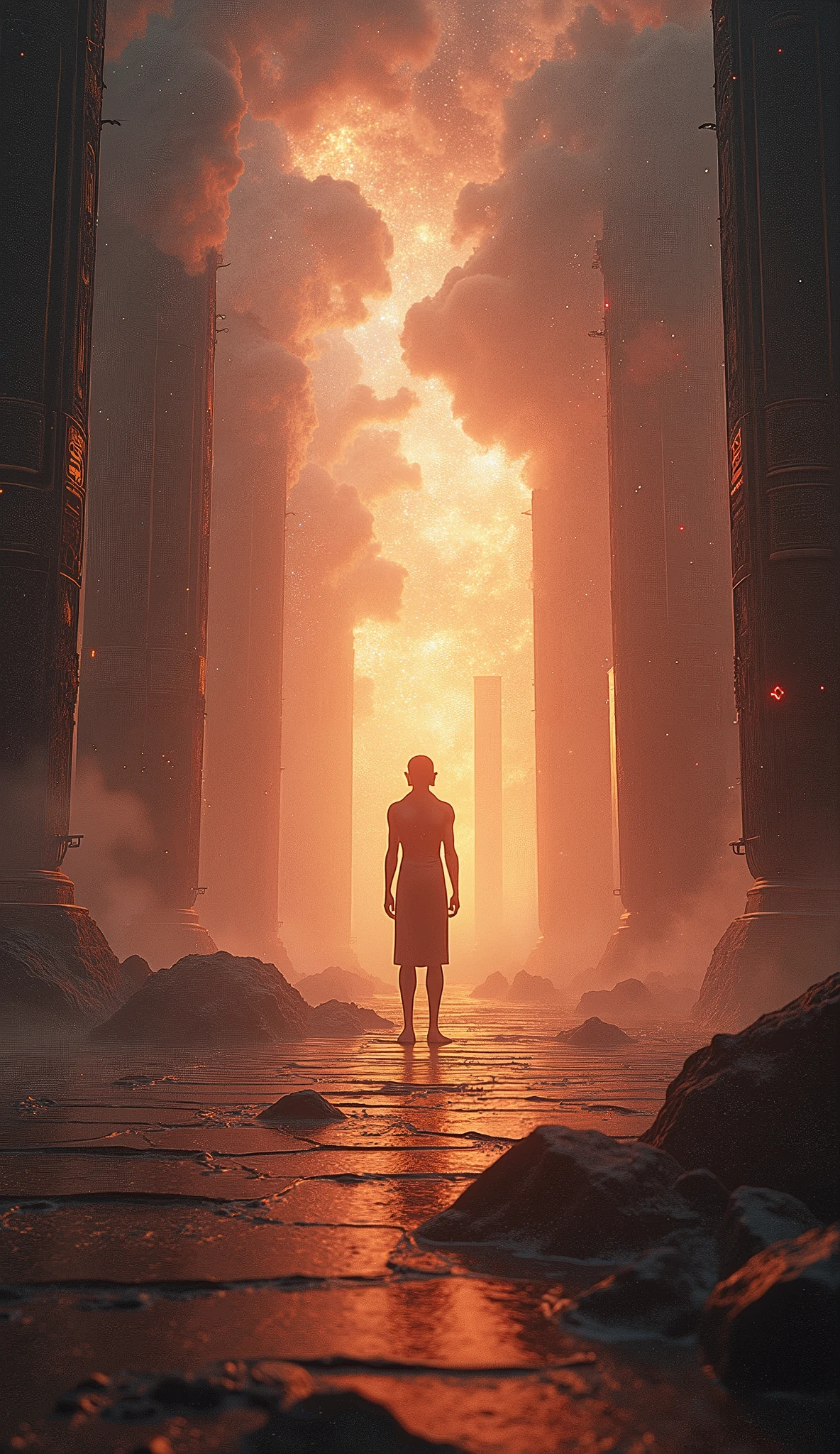 Design an image of a cosmic environment with swirling colors and ancient Egyptian symbols. The background should be rich and vibrant, depicting the primordial state. Atum’s silhouette should be blurred in the distance, emphasizing his solitary presence in the creation process. Use masterpiece, best quality, CG, wallpaper, HDR, high quality, ultra detailed, cinematic, high detail, 8k, raw, high, artstation HQ, unreal engine, octane renderer, 4k resolution, hyperrealistic, highly detailed