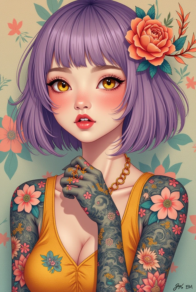 A mesmerizing surreal illustration of a young japanese woman. She has pastel purple hair with blunt bangs, yellow eyes, and wears a vibrant pastel colored outfit adorned with intricate floral patterns. Freckles dot her smooth, warm complexion, and bold, colorful tattoos cover her arms and legs. The tattoos feature traditional Japanese motifs like flowers and mythical creatures, rendered with meticulous detail in a pastel color palette. The background is a vintage floral-patterned wallpaper that complements the artwork's colors. The line work is precise, with delicate shading that gives the illustration a 3D quality.  The artwork fuses modern illustration techniques with traditional Japanese aesthetics, resulting in a visually striking, portrait, 
