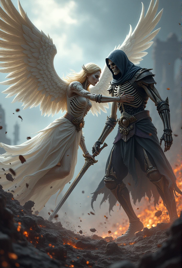 Realistic, 4K, Angel + Skeleton King with intricate details, Detailed information items and skill images are displayed with dynamic effects + With big wings, sword, Hood on head with war background image (chaos)