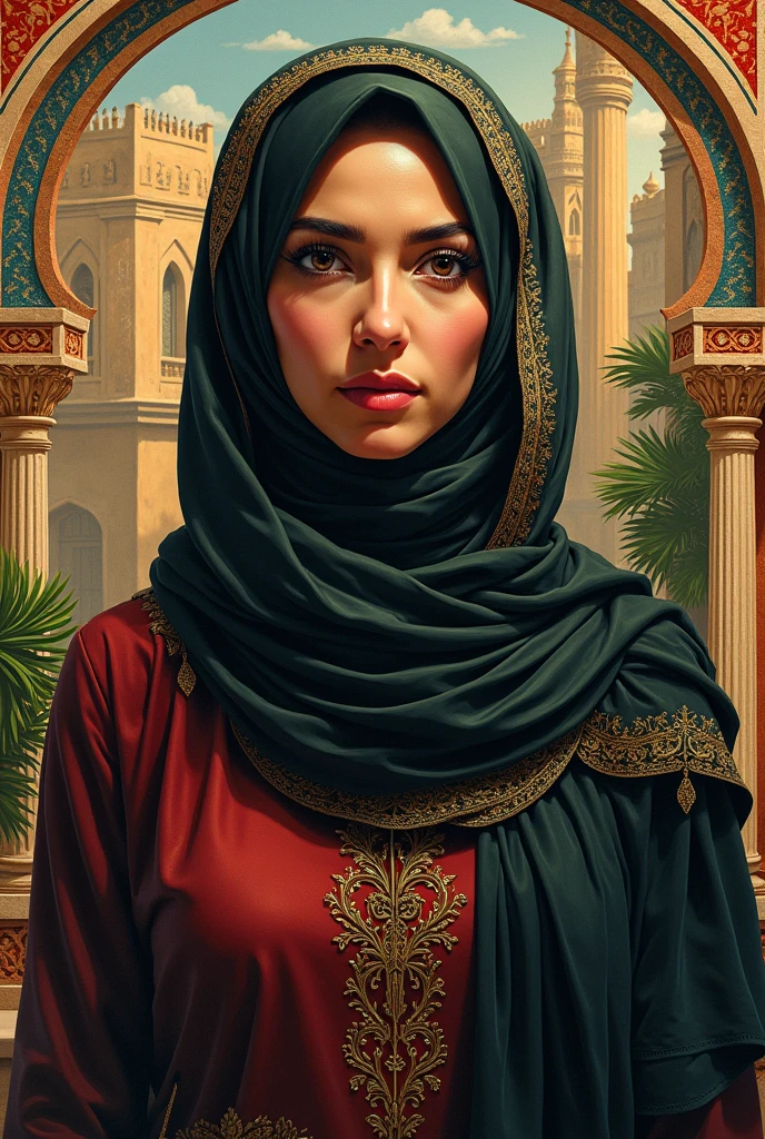 Add a beautiful girl to wear a black abaya without manipulating the young man's face 