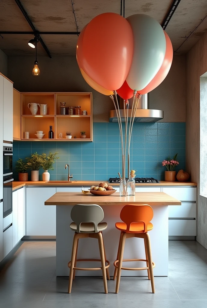 Kitchen with island, and balloon with 3 colorful high stools, with burnt cement ceiling, wooden counter, white cabinet above and below, Satin gray porcelain flooring, a part of the wall with blue tiles the rest in white coating, industrial lighting