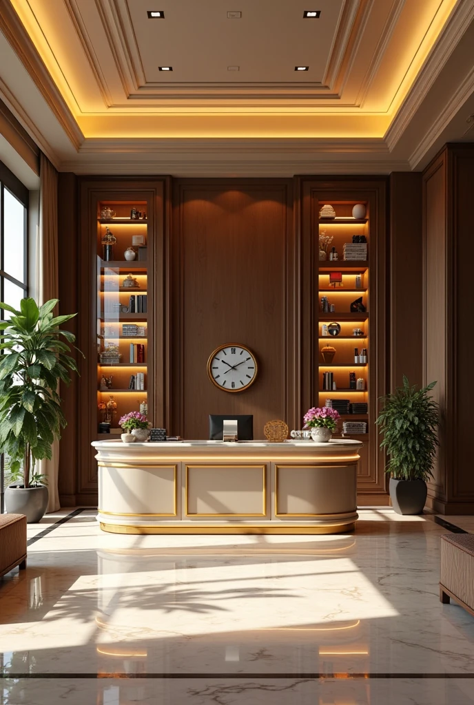 Generate a image of an 5 star hotel front office reception equipment furniture and machine and sub machine from behind desk where all things are visible Without people humans in it staff view