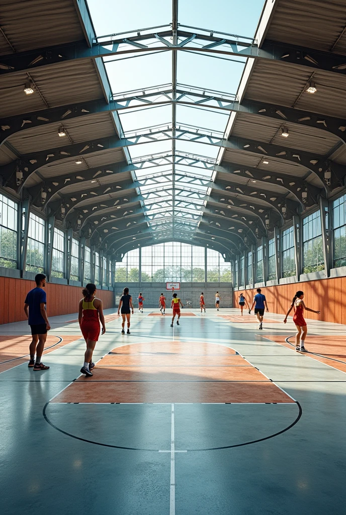 A basket ball court made of Terrazzo flooring and metal steal housing and multi task with volleyball,net ball add  Terrazzo flooring