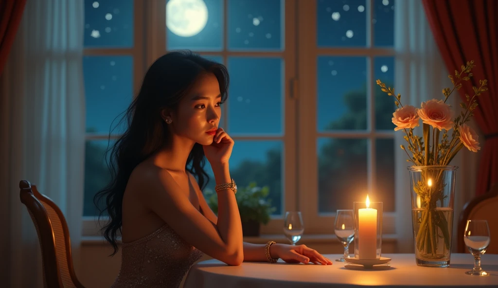 (photorealism:1.2), Create an image of an alone confident 2 Filipina woman with an hourglass body shape, slightly curvy, standing at 5'4". She has fair skin, long and thick hair, and a small heart-shaped face with subtle cheekbones and a rounded chin. Her nose is delicate, pointy, and . She is sitting on a chair at a table inside a beautifully decorated room, lost in thought with a joyful and contemplative expression. Her windswept hair frames her delicate features beautifully. She is wearing an elegant evening gown that drapes gracefully around her. Her hands are resting on the table or gently touching her chin, reflecting her deep thinking. The room is softly illuminated by moonlight streaming through large windows, casting a gentle glow across the scene. Outside, the night sky is dotted with stars, adding a serene and tranquil ambiance to the evening.
