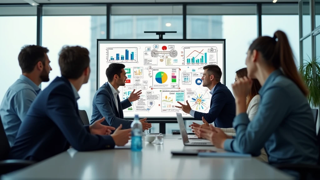 : A group of colleagues collaborating around a digital whiteboard, brainstorming ideas in a well-lit corporate meeting room. 8k