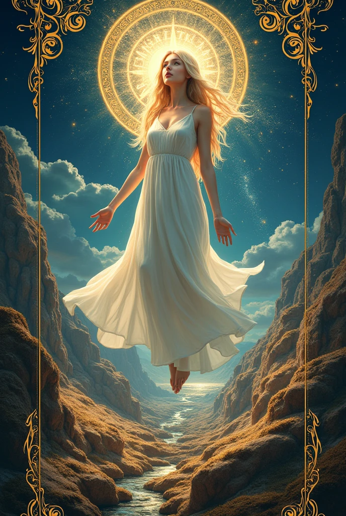 Fortune telling cards, intricate detailed Tarot Cards illustration, Tarot Cards, Tarot Cards "words", Card Header Text "Ticker", Card Footer Text "world", Text font style medieval, Blonde Goddess, White Dress, Floating in the sky, ((Infinity symbol background)), Infinity symbol, Ouroboros symbol, Cinema Lighting, Dramatic Shadows, Vibrant colors, Rich color palette, surreal Tarot Cards, Mysterious Landscape, Sparkling details, Gorgeous patterns