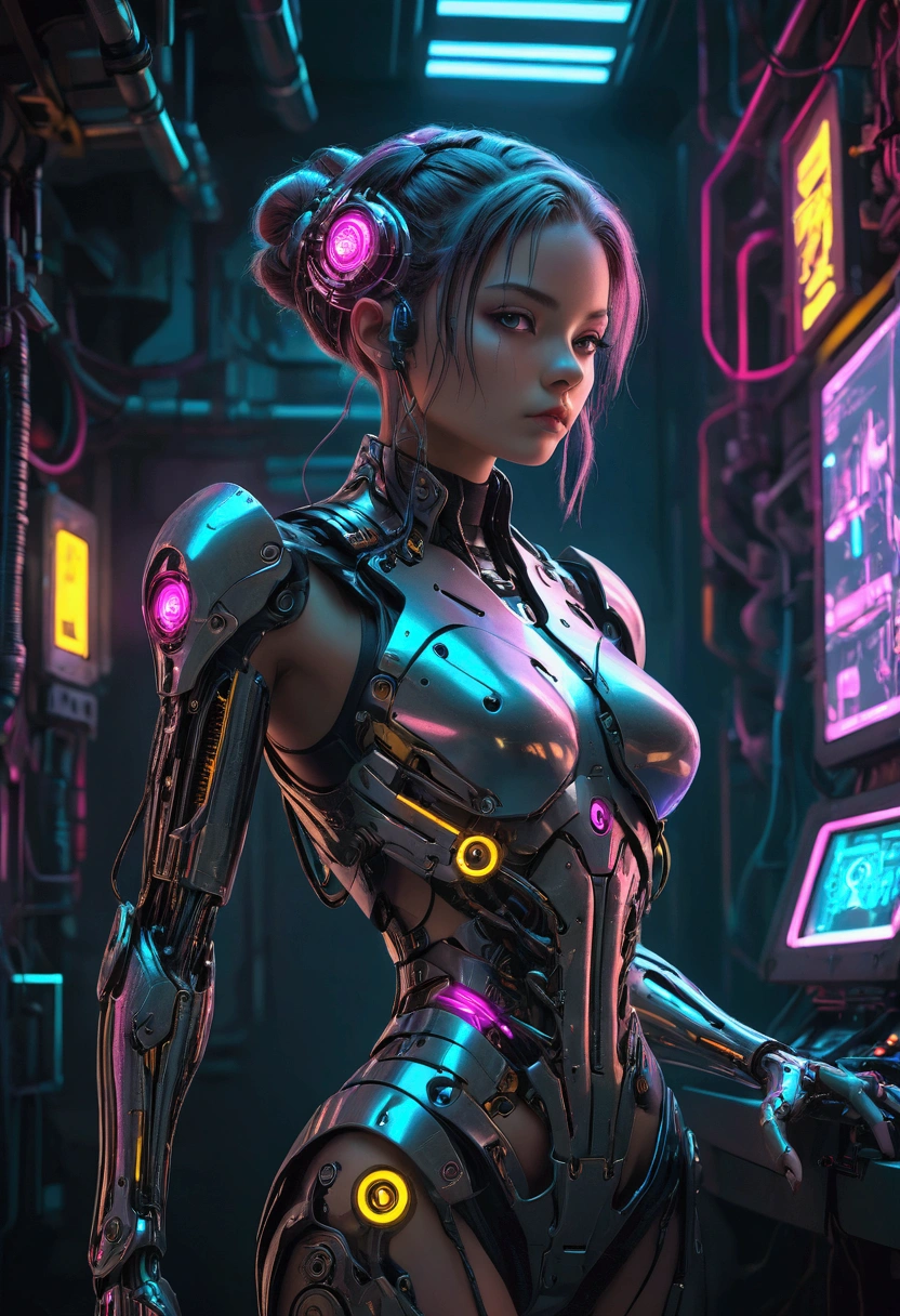 a cyberpunk cybernetic biomechanical girl, cyborg, intricate mechanical details, circuitry, bionic limbs, futuristic, sci-fi, concept art style, dark moody lighting, dramatic shadows, neon colors, cinematic composition, highly detailed, 8k, realistic, photorealistic