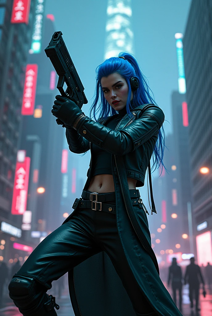 CYBERPUNK,EDGERUNNERS,blue hair, woman holding a gun in a city with a skyscraper in the background, trinity from the matrix, trinity the matrix, in the new matrix movie, dramatic wielding gun pose, neo from the matrix, from matrix(2050), from matrix ( 2050), matrix), matrix ), agents from the matrix movie, matrix movie color grading