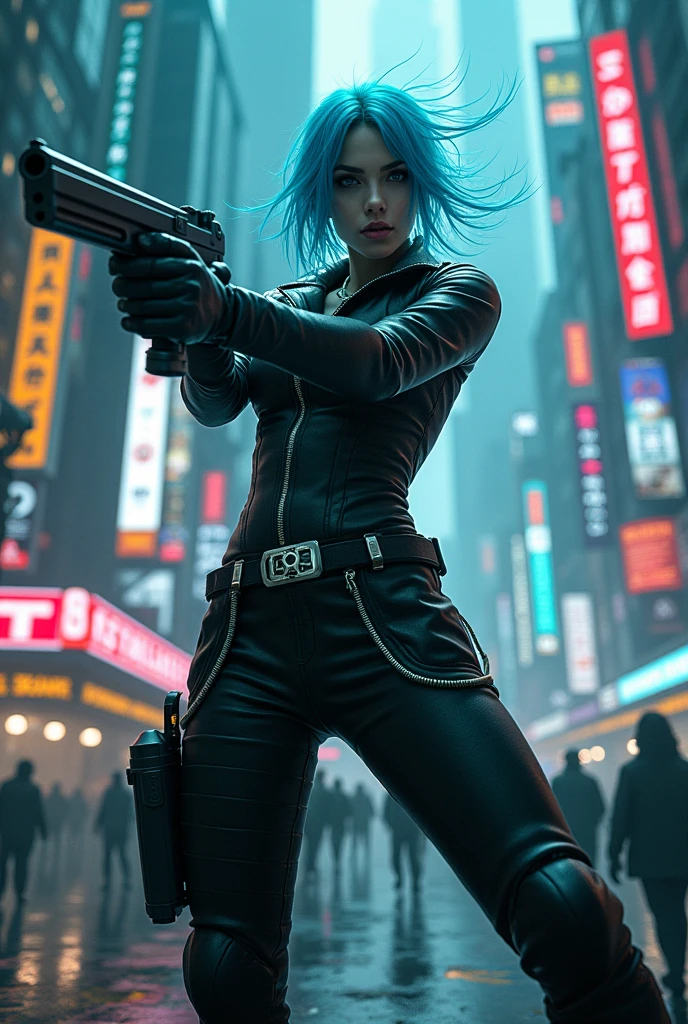 CYBERPUNK,EDGERUNNERS,blue hair, woman holding a gun in a city with a skyscraper in the background, trinity from the matrix, trinity the matrix, in the new matrix movie, dramatic wielding gun pose, neo from the matrix, from matrix(2050), from matrix ( 2050), matrix), matrix ), agents from the matrix movie, matrix movie color grading