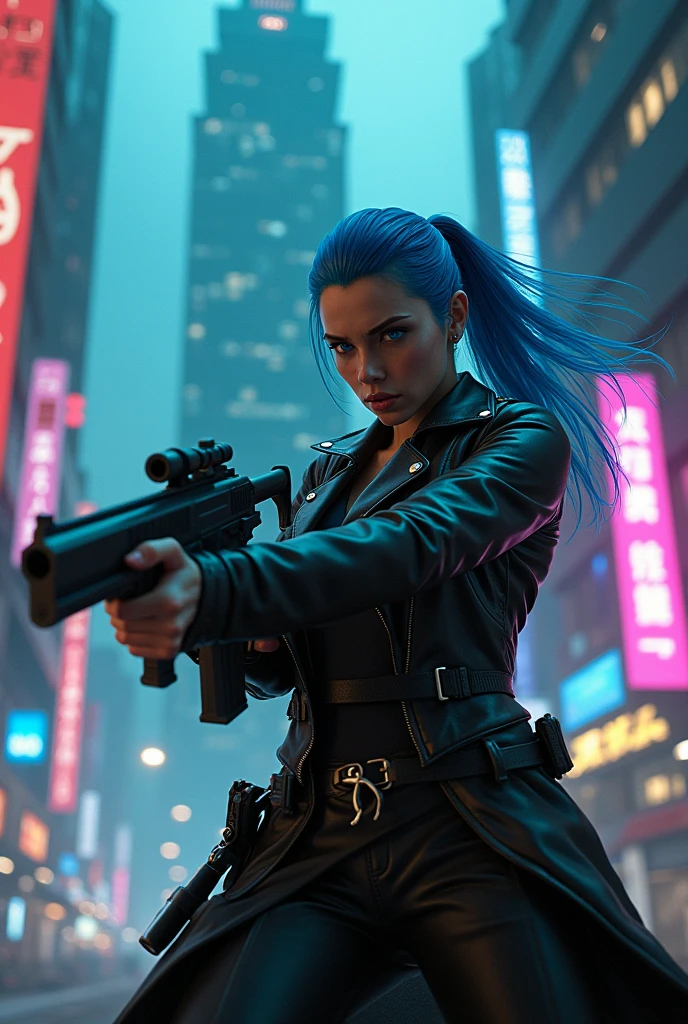 CYBERPUNK,EDGERUNNERS,blue hair, woman holding a gun in a city with a skyscraper in the background, trinity from the matrix, trinity the matrix, in the new matrix movie, dramatic wielding gun pose, neo from the matrix, from matrix(2050), from matrix ( 2050), matrix), matrix ), agents from the matrix movie, matrix movie color grading