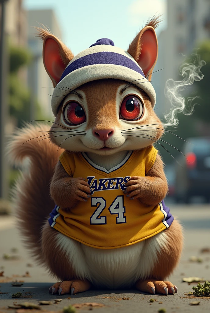Écureuil avec une kippa et un maillot des lakers et les yeux rouges fatigué en train de fumer de la weed