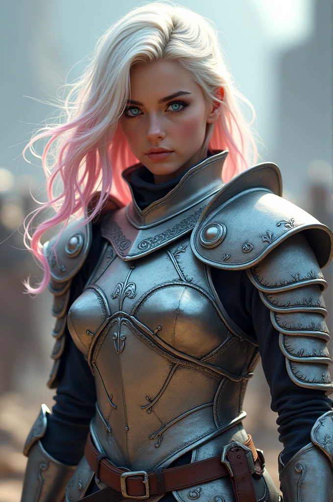A fair-skinned warrior, intense azure eyes, light hair that gradually turns pink at the ends. She is dressed in detailed and durable battle armor., com detalhes em prata e azul. The expression on his face is determined and courageous, with a posture that reflects strength and confidence. The scene can be set in a battle scenario or with a neutral background that highlights the powerful figure of the warrior.