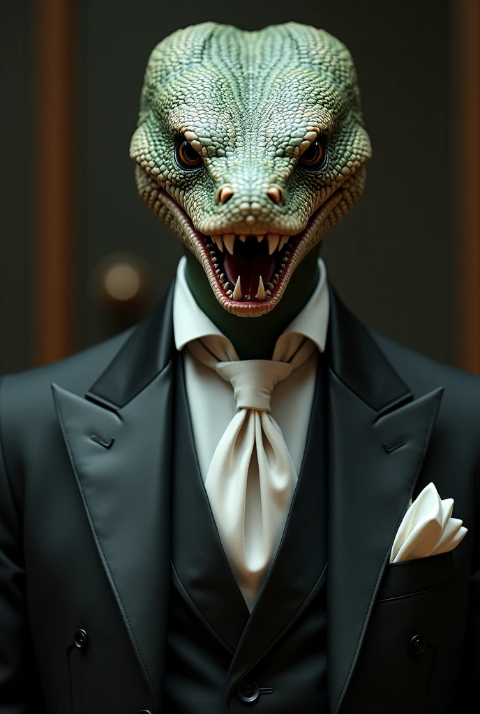 You generate me a man in elegant clothes with a snake face looking towards the screen 