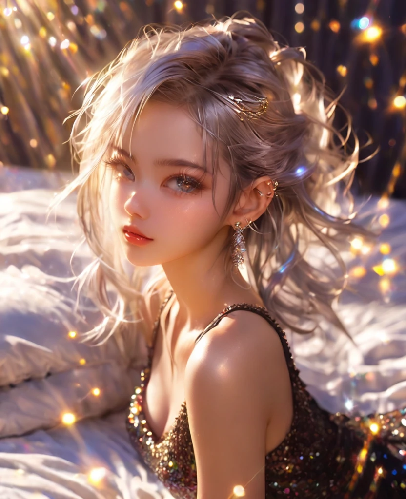 8K,an extremely delicate and beautiful,Beautiful and realistic skin,Shiny jewel-like earrings,Bedhead,like glitter silver hair,beautiful eyes,tanktop,jeans,asian cute girl,full body