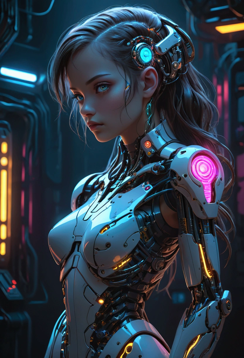 a cybernetic biomechanical girl, cyborg, intricate mechanical details, glowing circuitry, bionic limbs, futuristic, sci-fi, concept art style, dark moody lighting, dramatic shadows, neon colors, cinematic composition, highly detailed, 8k