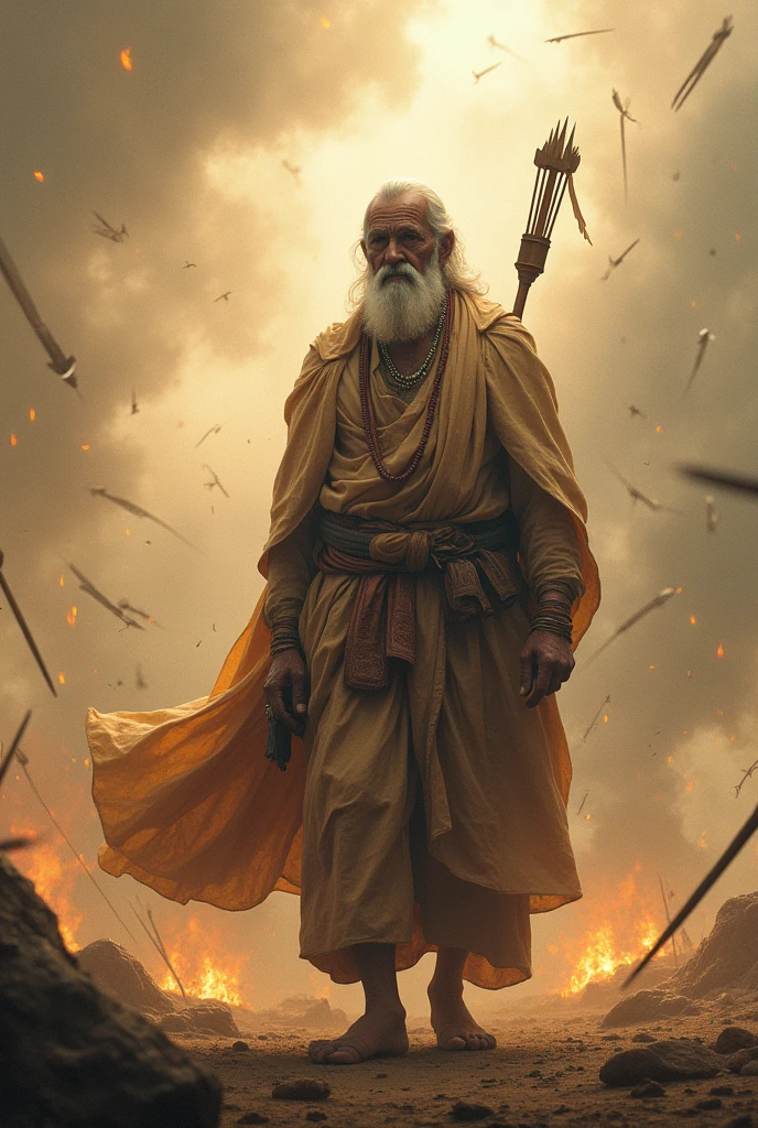 Old old bramhana person standing in middle of a war ,he sea at the sky filled with arrows and there is no body only he is only one person is there