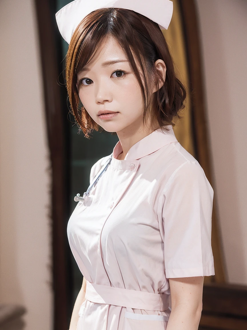 woman, alone, (Wearing white nurse clothes:1.2), Shortcuts, bangs, Upstyle, Black Hair, Iris, nurse, Perfect Anatomy, nurse uniform, ((Nurse cap)), ((White costume)), Long skirt, hospital, (close), Face close-up