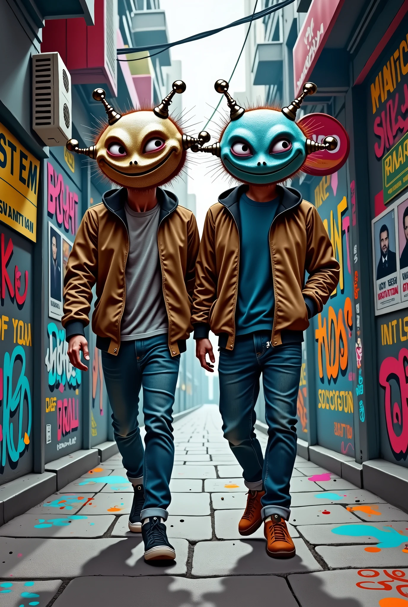 Two men walking down the street wearing Salvador Dali masks, similar to those of the famous artist Salvador Dalí, in an urban setting. The surrounding walls are covered in colorful graffiti and &#39;wanted&#39; posters., creating a bustling, clandestine city atmosphere. The lighting is soft and the shadows are long, highlighting the details of the graffiti and masks. cartoonized