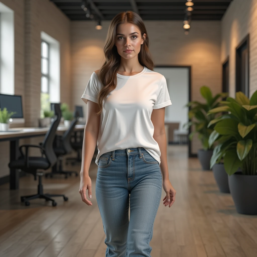 A high-resolution, photorealistic, {{full-body from head to toe}}, walking to camera, front-facing image of an East European woman, 1.85m tall, wearing a plain white t-shirt and jeans. The woman is smiling, standing straight with a relaxed posture and a neutral expression. The scene is set against a [modern office interior] background with [soft ambient light]. The t-shirt is smooth, with minimal folds, ideal for overlaying designs. The image captures the entire body from head to toe, with realistic lighting and detailed textures.
