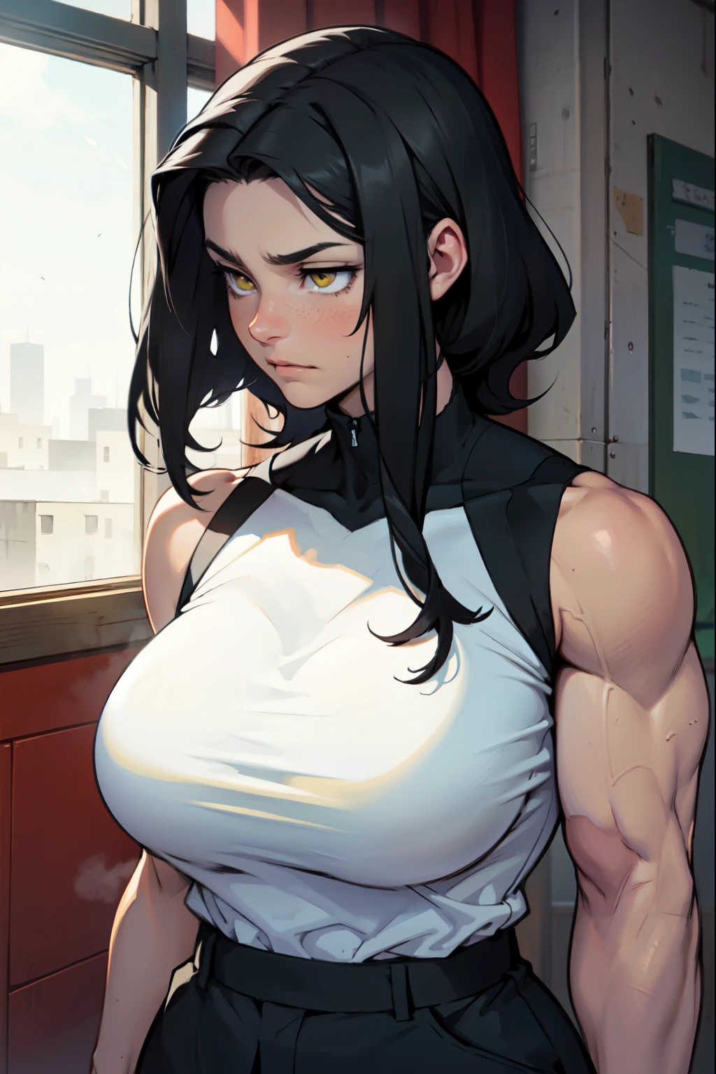 embarrassed sad long black hair yellow eyes pale skin muscular girl huge muscles large breasts looking away