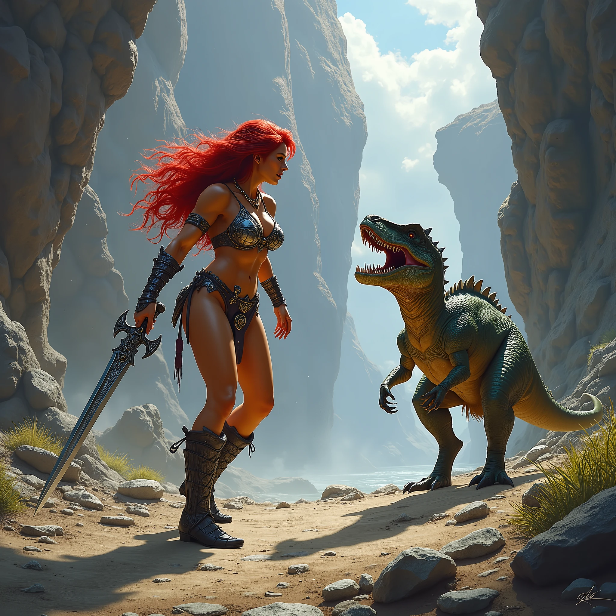 Red Sonja and a small dinosaur facing one another, engaged in battle. 