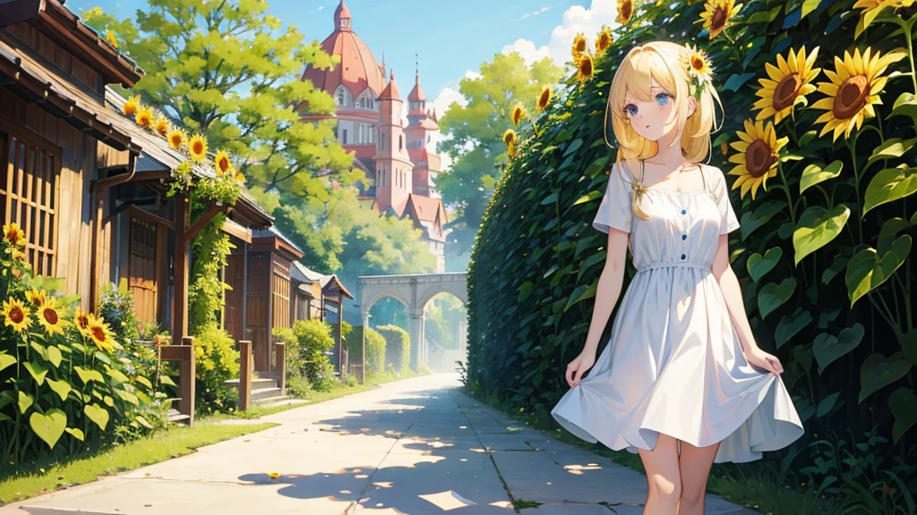 Anime Style、cute、Long Hair、Blonde、blue eyes、Small breasts、garden、stroll、White dress、sunflower