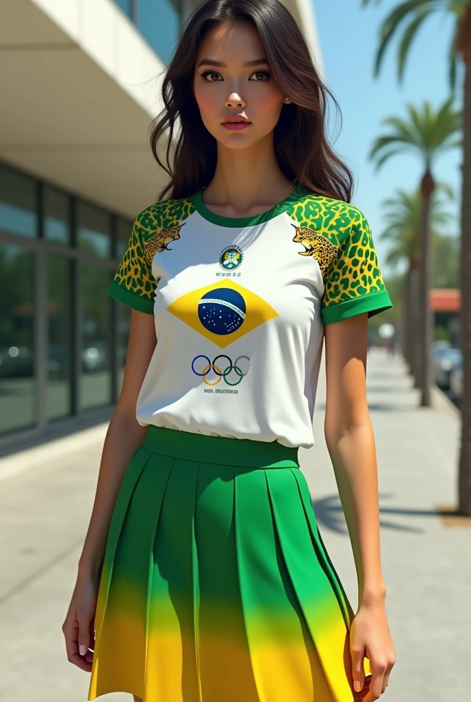 A woman wearing a skirt, green with yellow gradient on the hem, along with a white t-shirt with a green gradient on the shoulders and with jaguar details on the short sleeves of the t-shirt and with the Brazilian flag and the symbol of the Olympics on the t-shirt. 