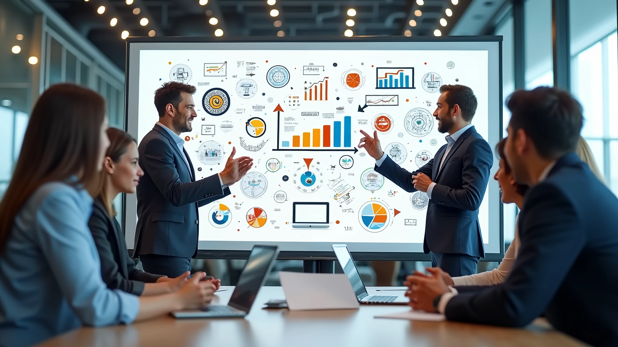 : A group of colleagues collaborating around a digital whiteboard, brainstorming ideas in a well-lit corporate meeting room. 8k  